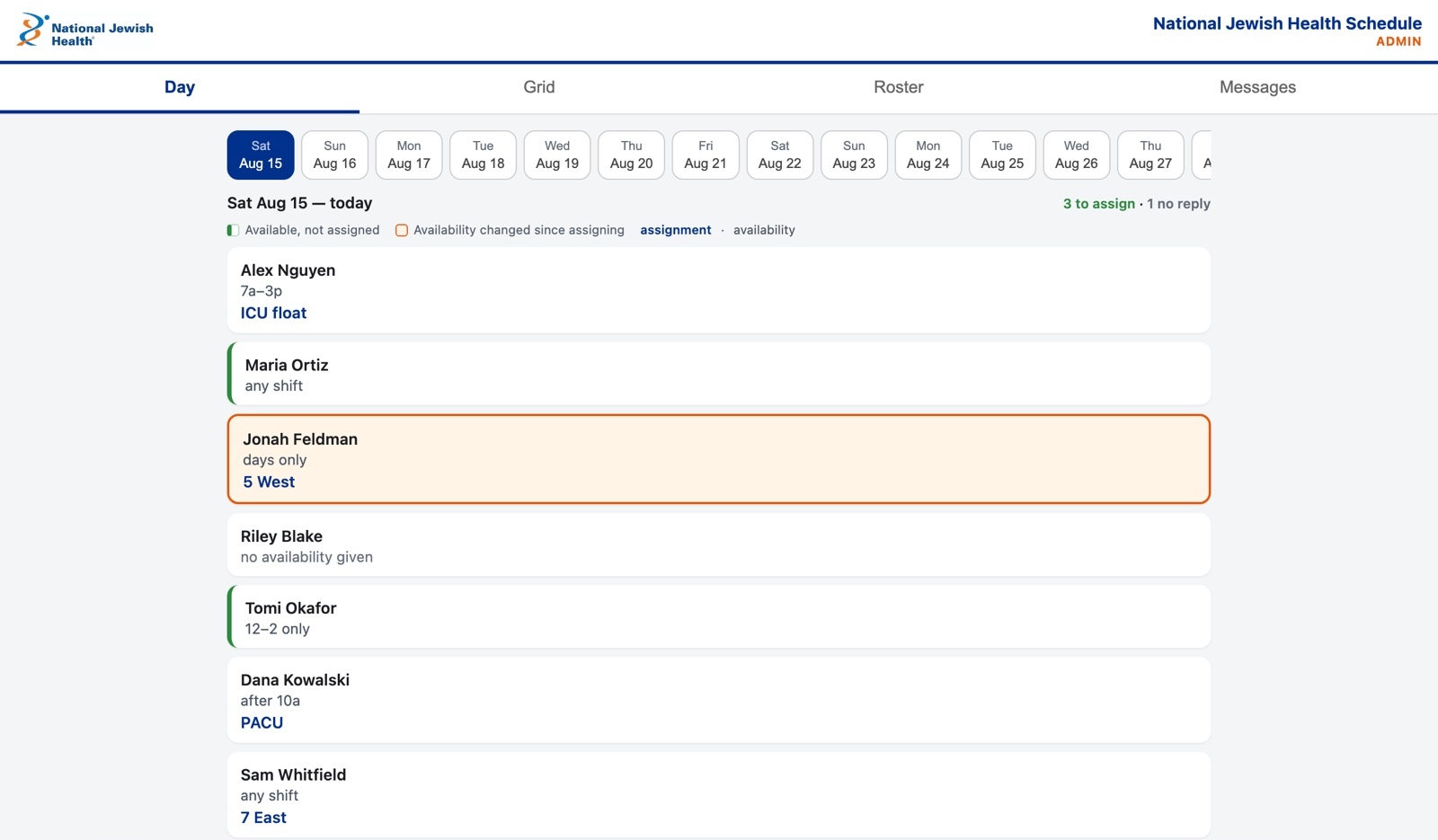 Float pool admin day view: a date strip, a to-assign and no-reply count, and rows of staff with availability, assignment, and color-coded status.