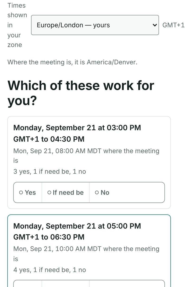 A SignUpCity scheduling poll on a phone: proposed times shown in the participant’s own time zone with the organizer’s zone beneath each one, and yes, if-need-be, and no options.