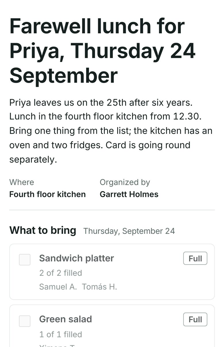 A SignUpCity sign-up sheet for a farewell lunch on a phone: a list of things to bring, each with the names already signed up and the remaining places.